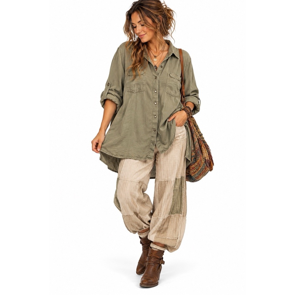XCVI Tunic Top 2X Plus Green Roll Tab Button Down Lagenlook Boho Cottagecore